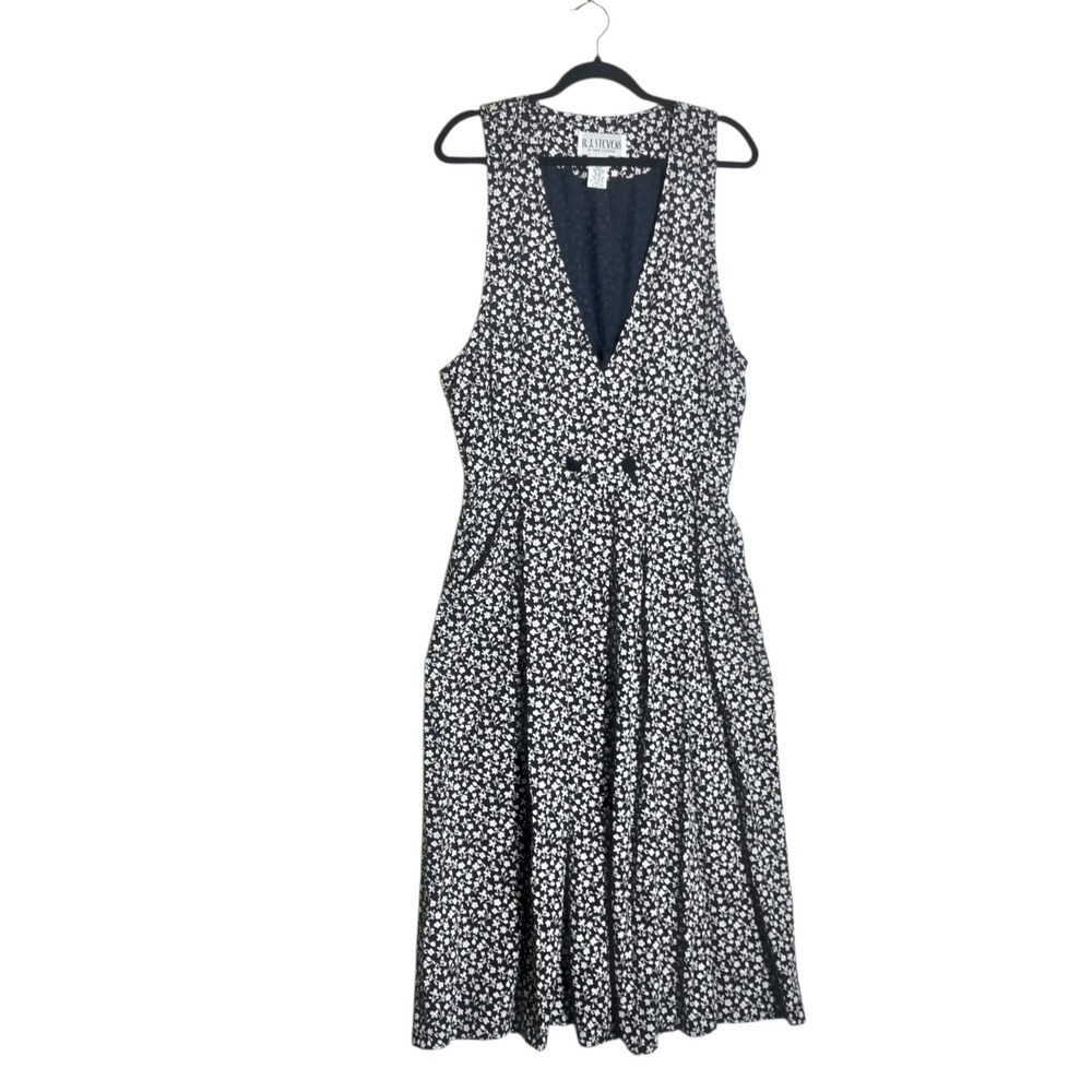 R.J. Stevens Vintage Floral Jumper Dress Black White V-Neck Midi Size 16 USA